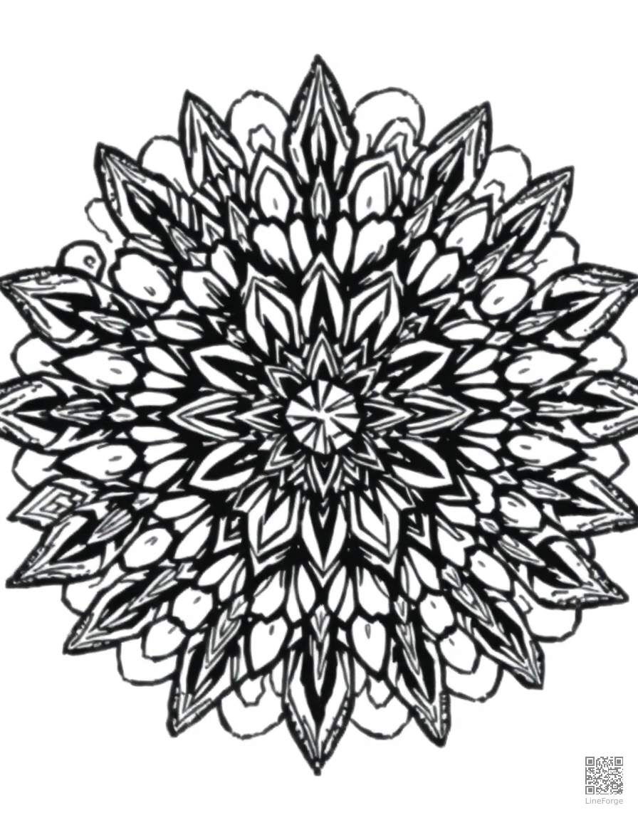 mandala with crystal and gemstone shapes coloring page Woodcut style - free printable