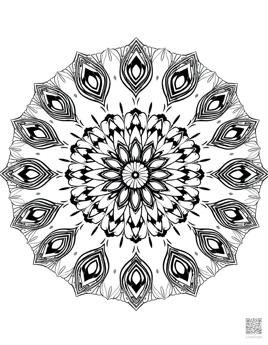 mandala with peacock feather motifs coloring page Contour style - free printable
