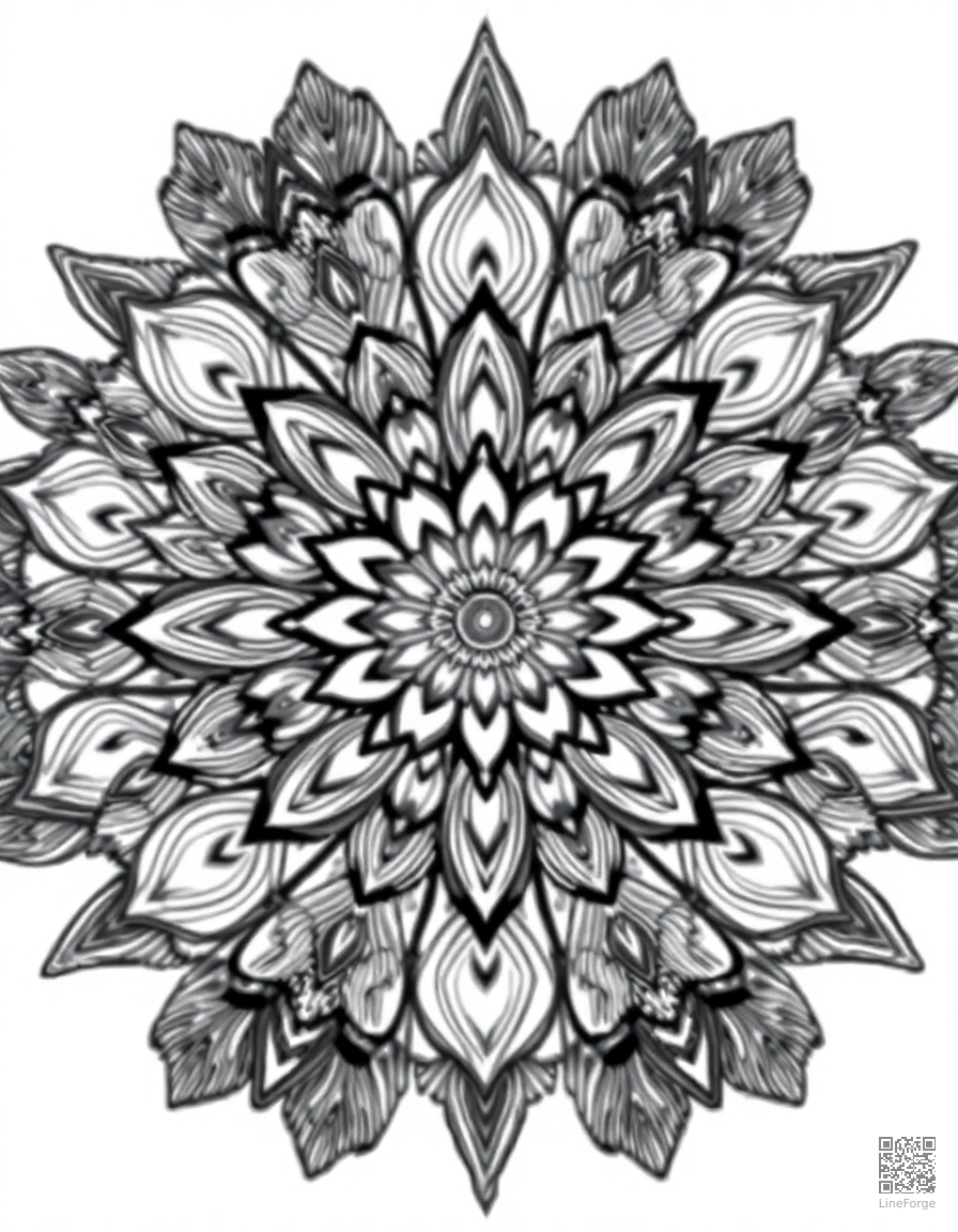 mandala with peacock feather motifs coloring page Crosshatch style - free printable