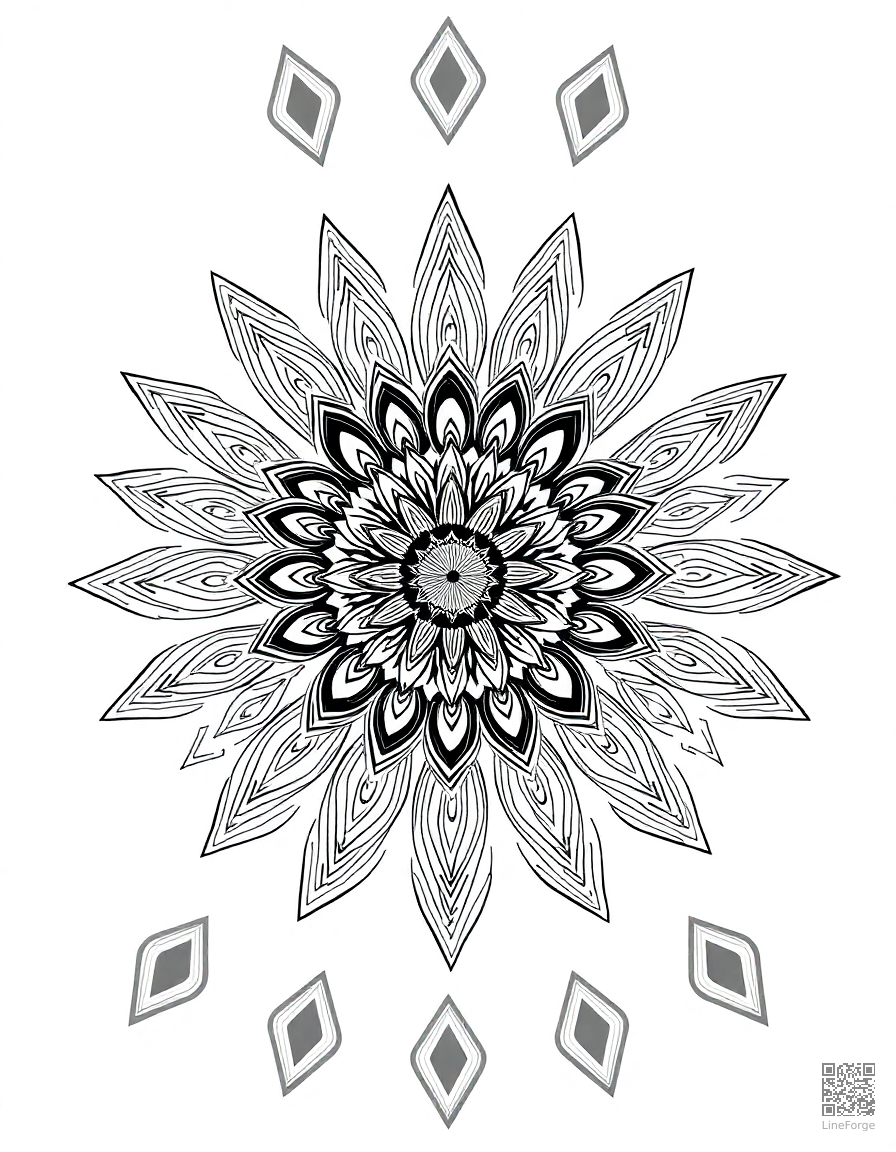 mandala with peacock feather motifs coloring page Manga style - free printable