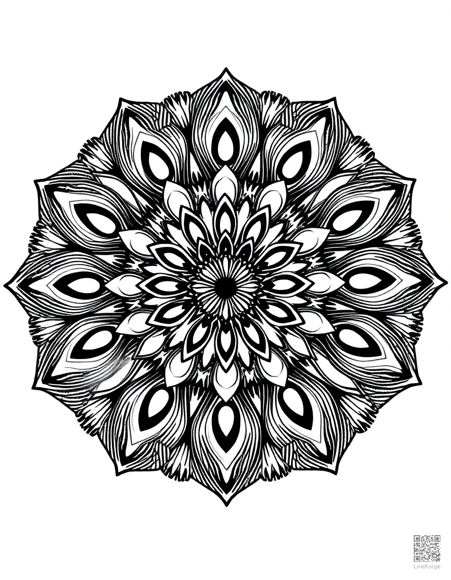 mandala with peacock feather motifs coloring page Minimal style - free printable