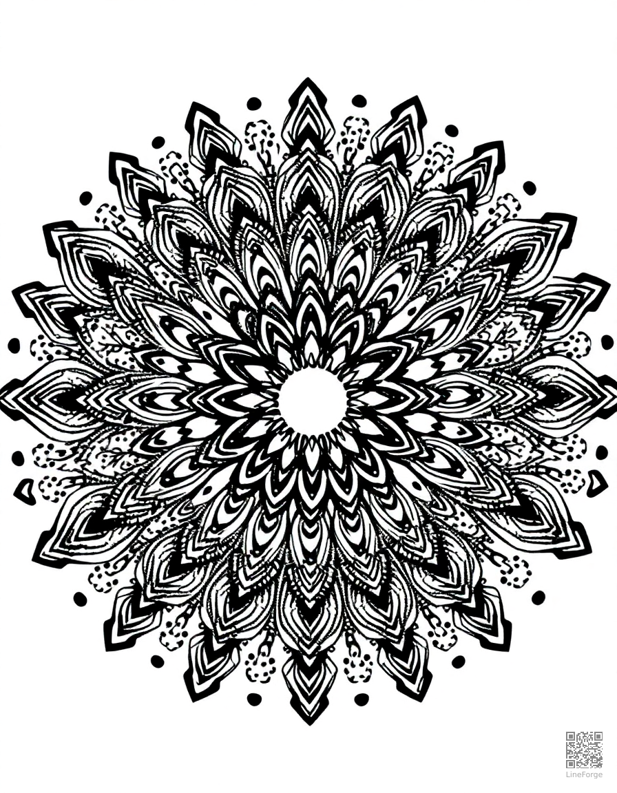 mandala with peacock feather motifs coloring page Stipple style - free printable