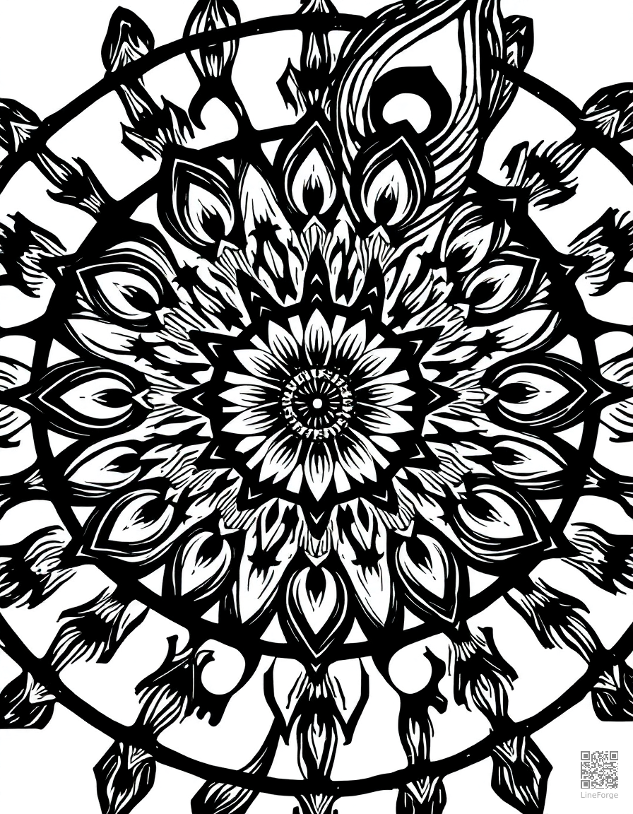 mandala with peacock feather motifs coloring page Woodcut style - free printable