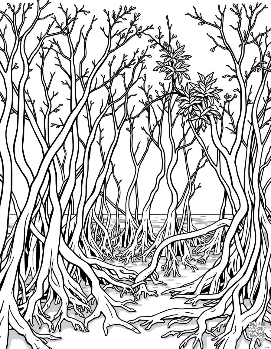 Free mangrove swamp with tangled roots coloring page in contour style — printable line art