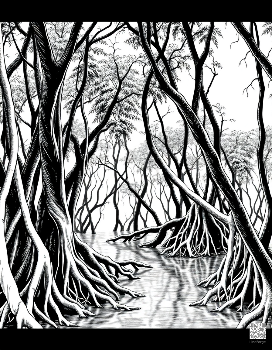 mangrove swamp with tangled roots coloring page Crosshatch style free printable