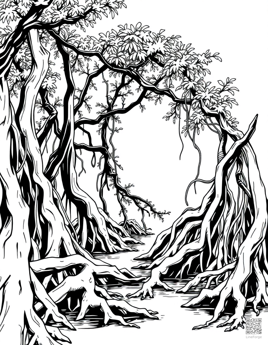 Free mangrove swamp with tangled roots coloring page in manga style — printable line art