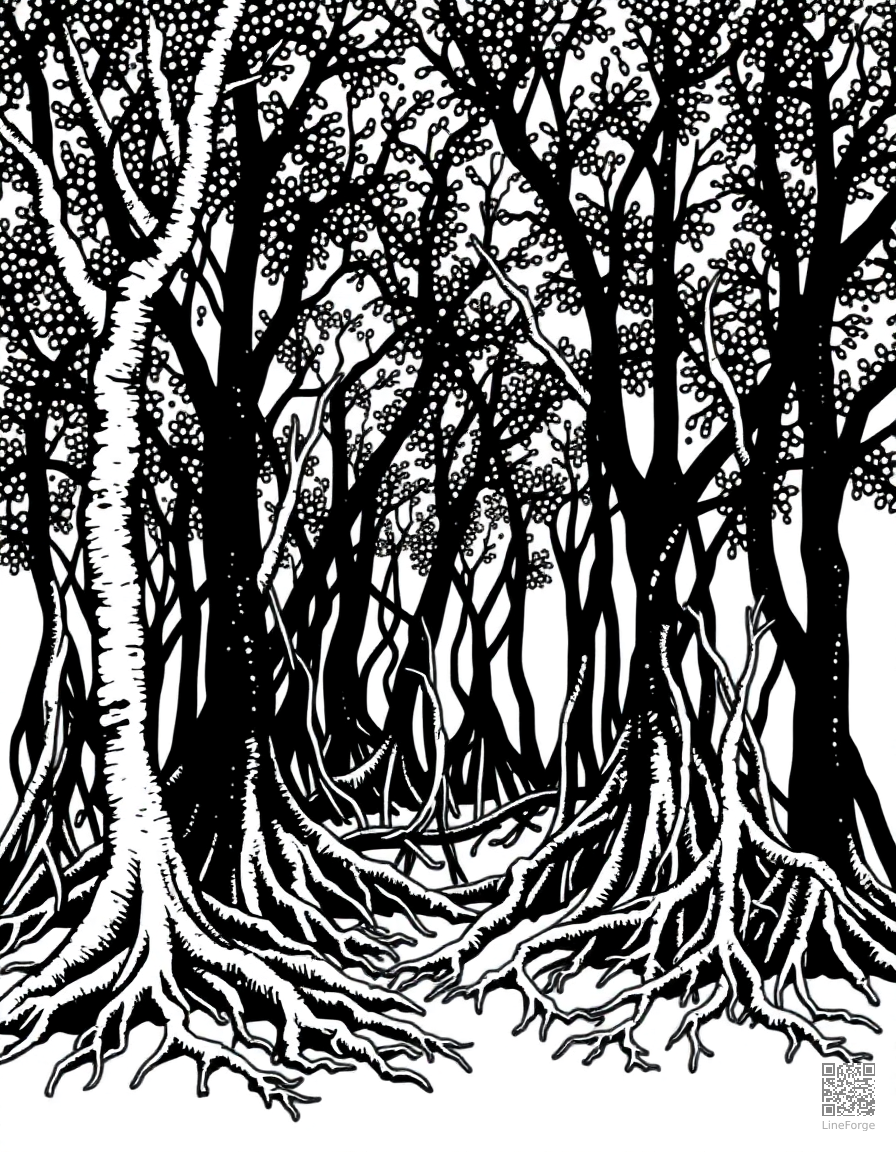 mangrove swamp with tangled roots coloring page Stipple style free printable