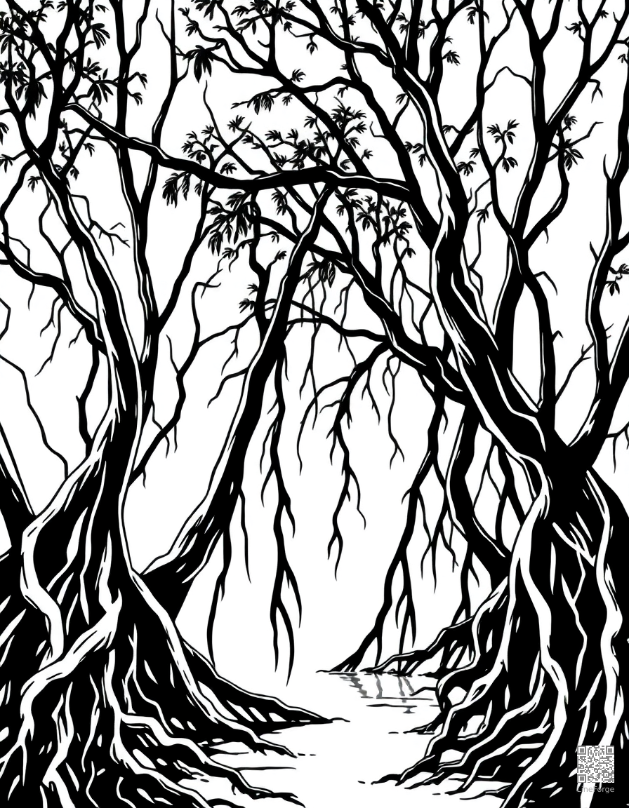 Free mangrove swamp with tangled roots coloring page in woodcut style — printable line art