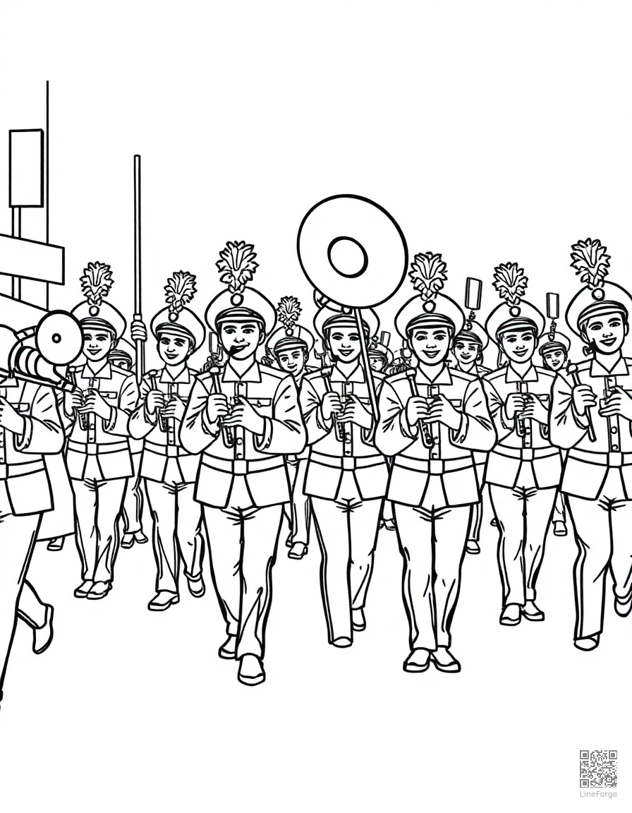 Free marching band in a parade coloring page in contour style — printable line art