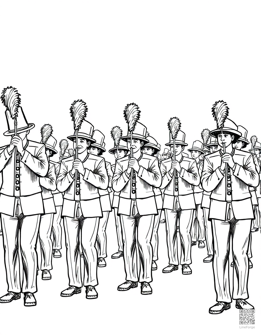 marching band in a parade coloring page Crosshatch style free printable