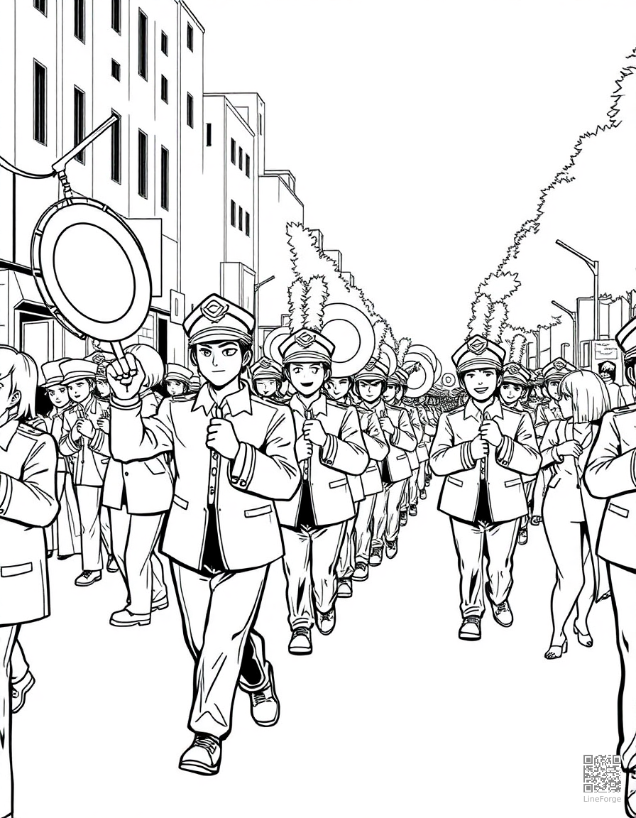 Free marching band in a parade coloring page in manga style — printable line art