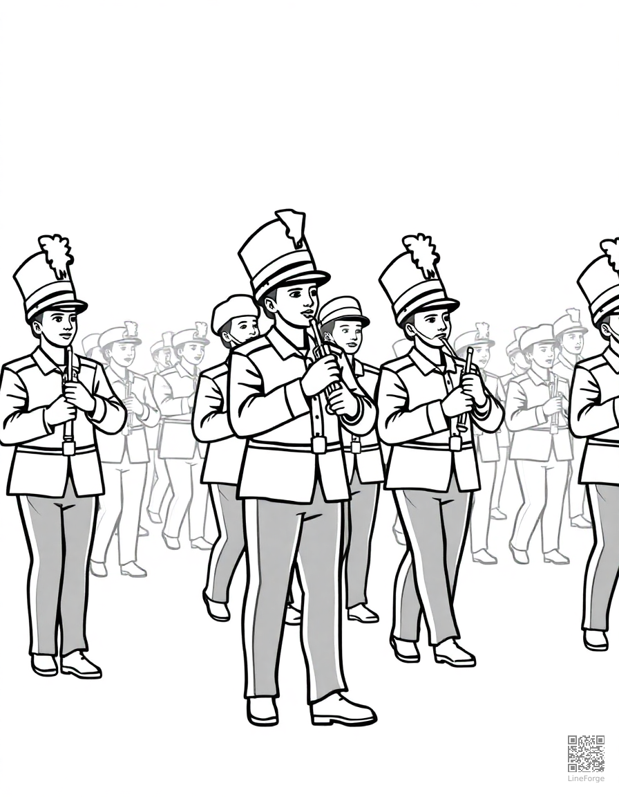 Free marching band in a parade coloring page in minimal style — printable line art