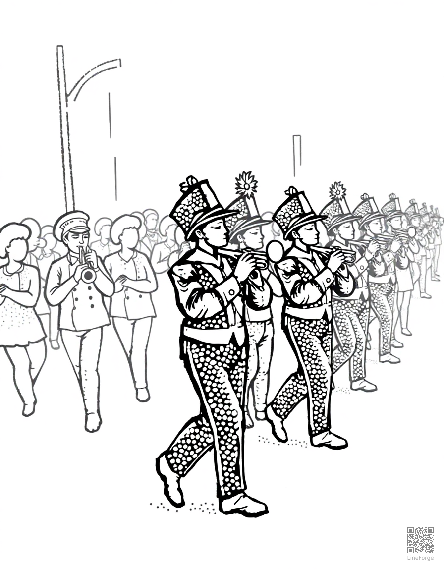marching band in a parade coloring page Stipple style free printable