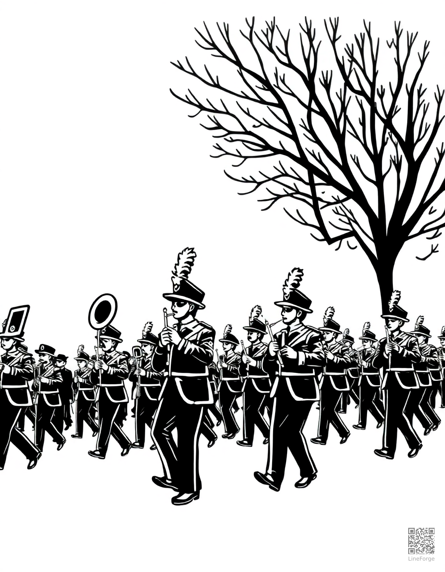 Free marching band in a parade coloring page in woodcut style — printable line art