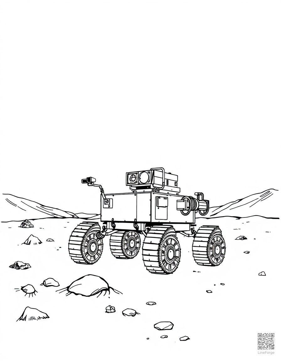 mars rover exploring the red planet coloring page Crosshatch style - free printable