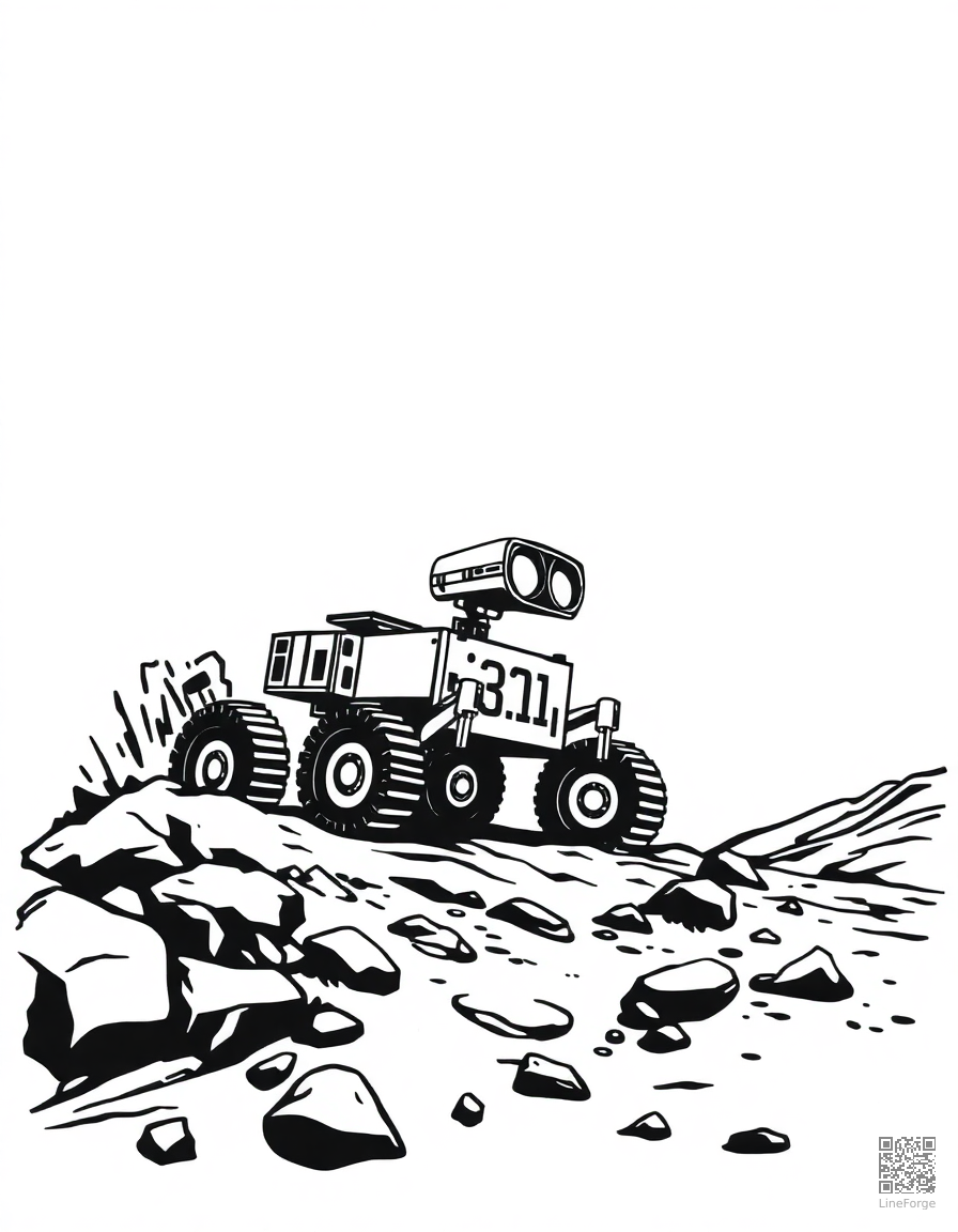 mars rover exploring the red planet coloring page Woodcut style - free printable