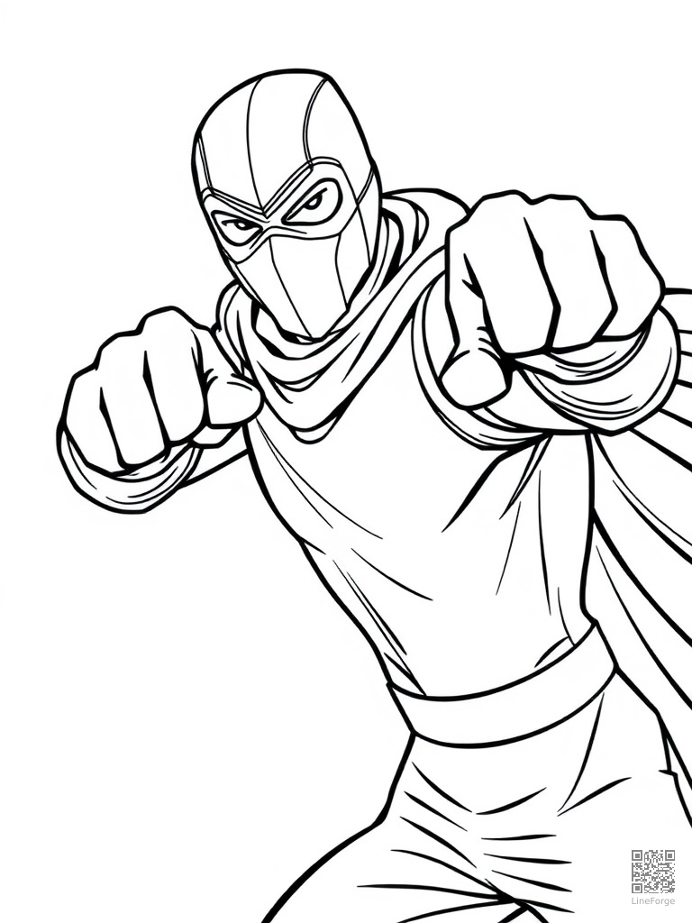 Masked hero in a dynamic action punch pose coloring page Contour style free printable
