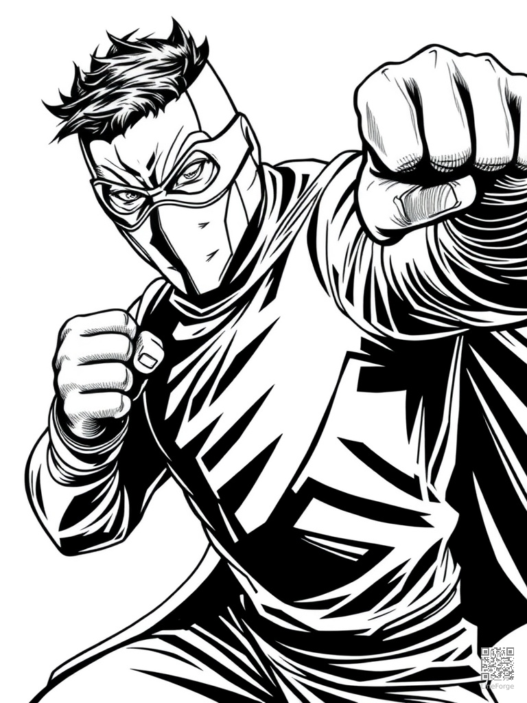 Masked hero in a dynamic action punch pose coloring page Crosshatch style free printable