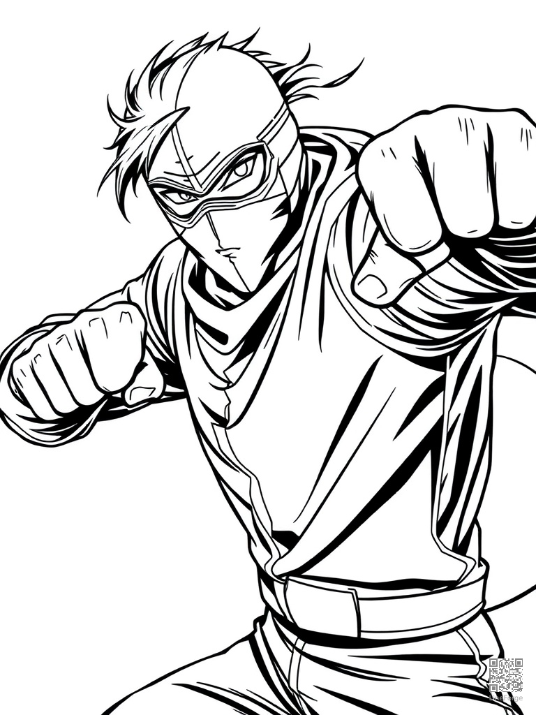 Masked hero in a dynamic action punch pose coloring page Manga style free printable