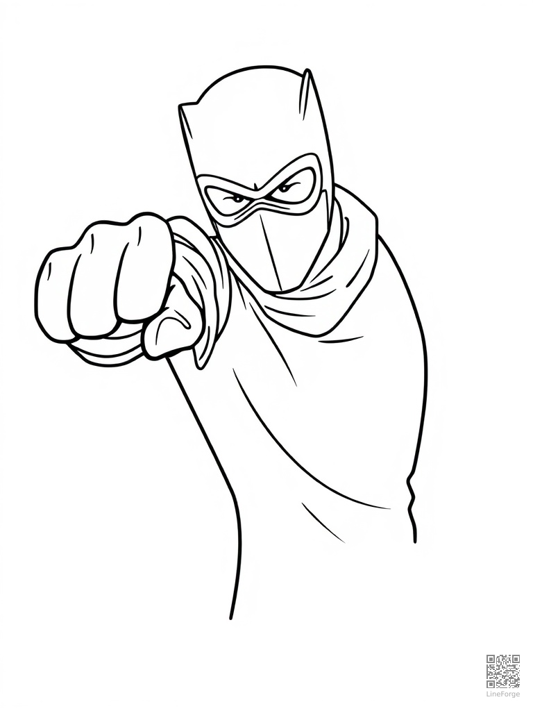 Masked hero in a dynamic action punch pose coloring page Minimal style free printable