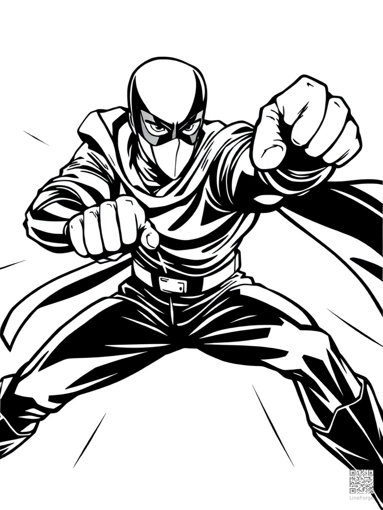 Masked hero in a dynamic action punch pose coloring page Woodcut style free printable