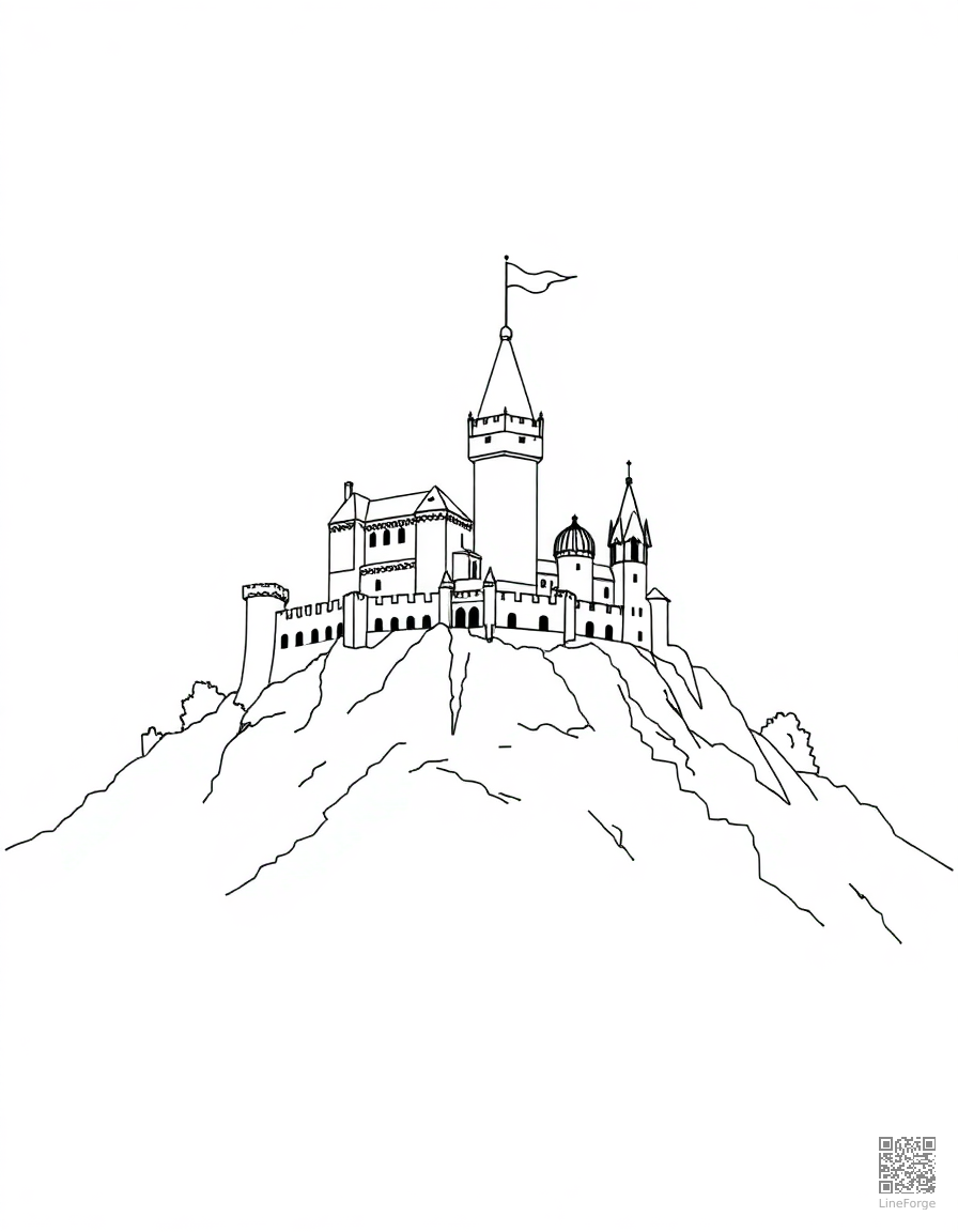 Medieval castle on a hilltop coloring page Contour style - free printable