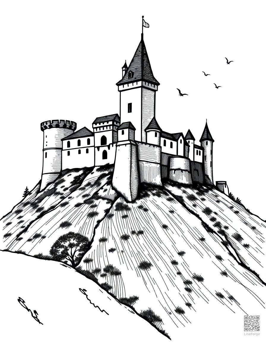 Medieval castle on a hilltop coloring page Crosshatch style - free printable