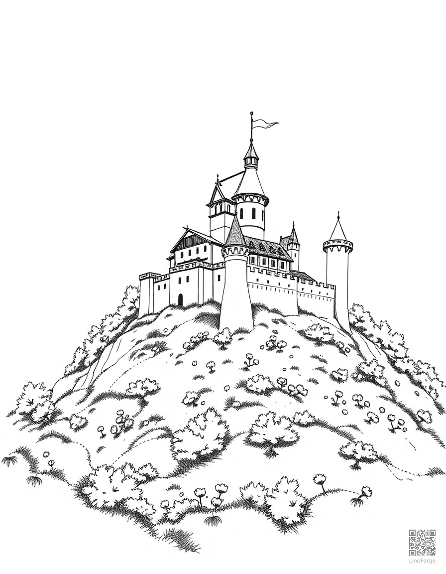 Medieval castle on a hilltop coloring page Manga style - free printable