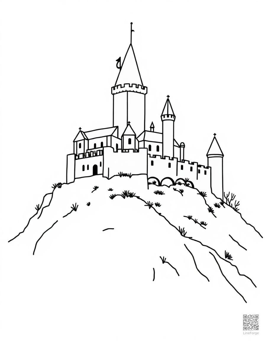 Medieval castle on a hilltop coloring page Minimal style - free printable