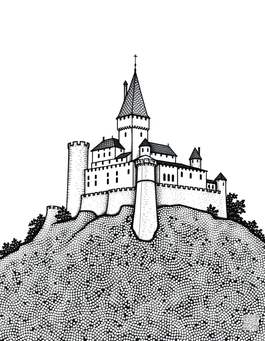 Medieval castle on a hilltop coloring page Stipple style - free printable