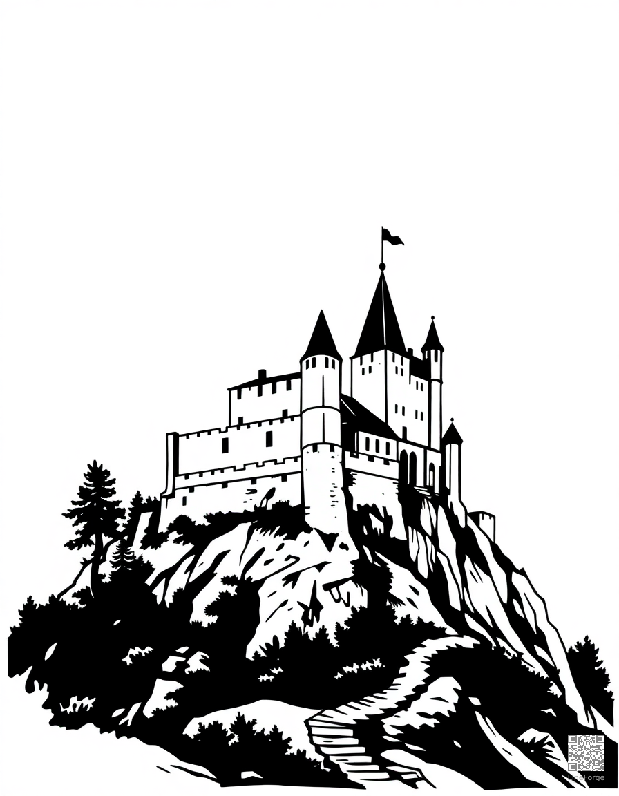 Medieval castle on a hilltop coloring page Woodcut style - free printable