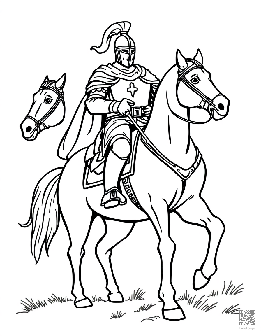 Medieval knight on horseback coloring page Contour style - free printable