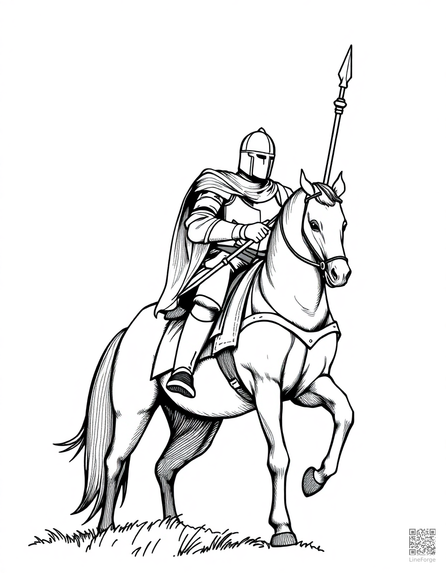 Medieval knight on horseback coloring page Crosshatch style - free printable