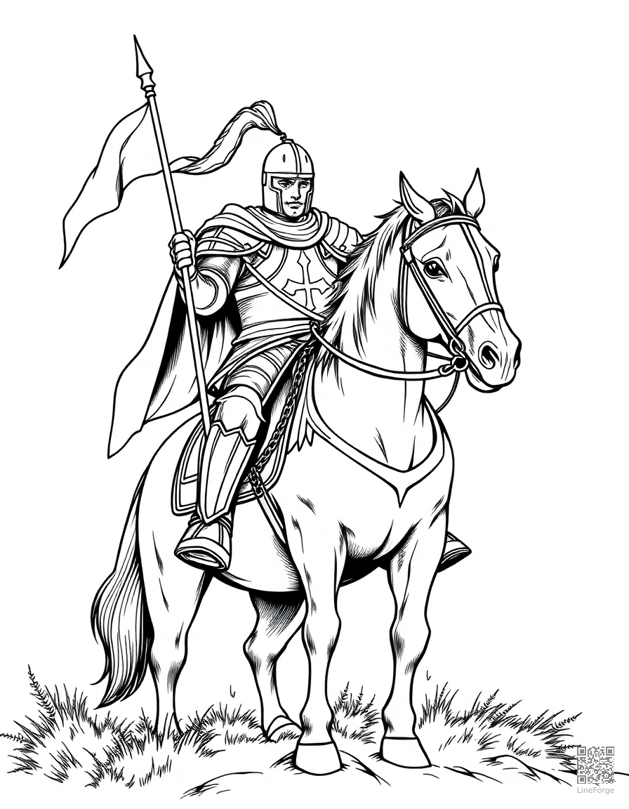 Medieval knight on horseback coloring page Manga style - free printable