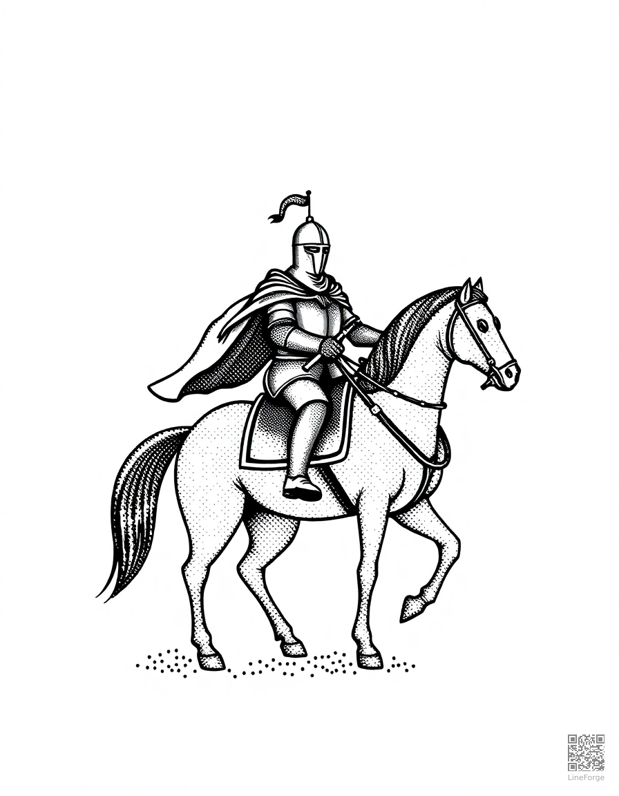 Medieval knight on horseback coloring page Stipple style - free printable