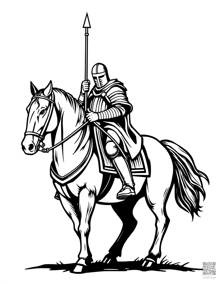 Medieval knight on horseback coloring page Woodcut style - free printable