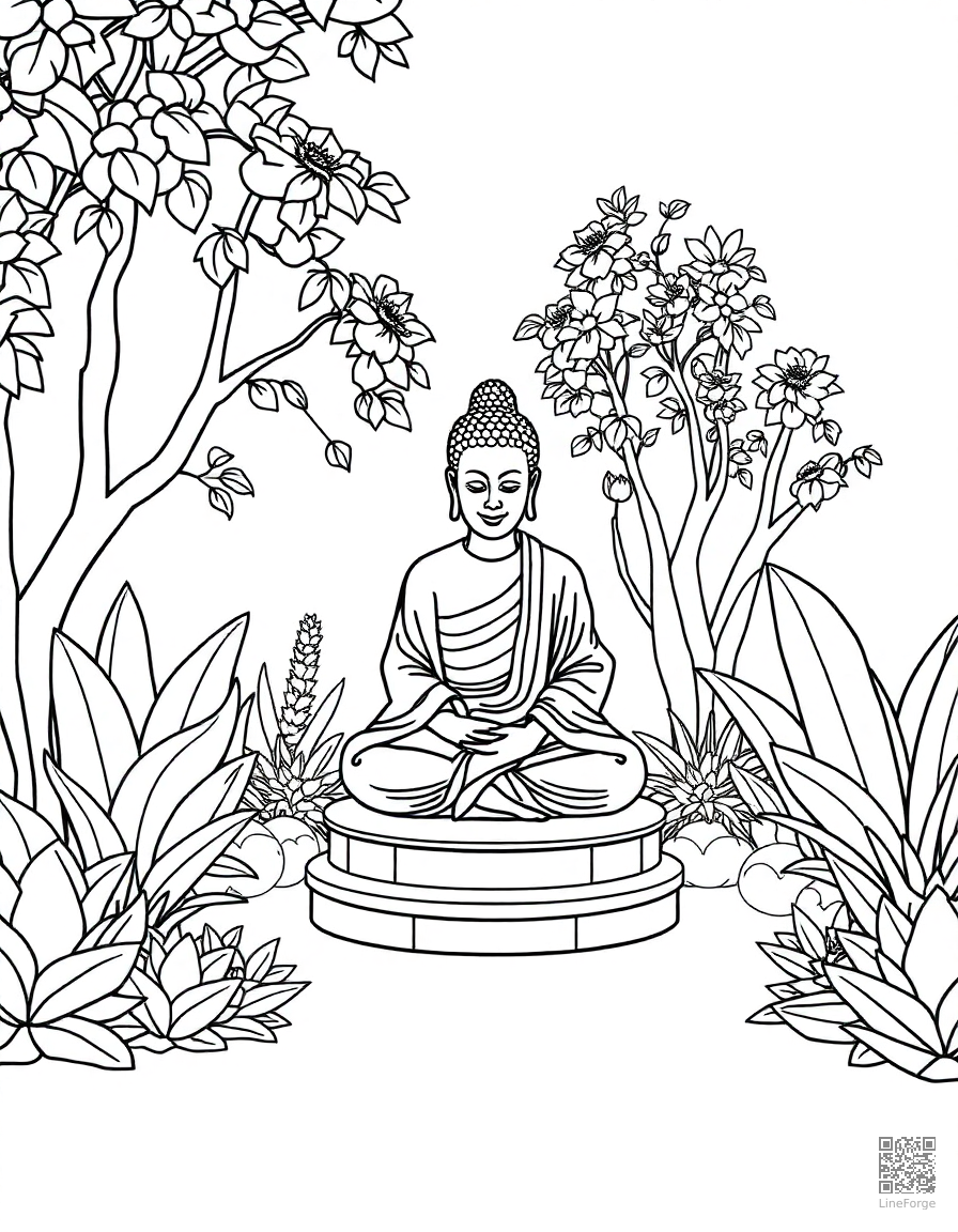 meditation garden with buddha statue coloring page Contour style - free printable