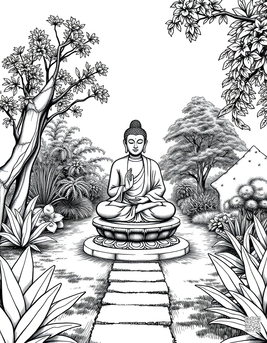 meditation garden with buddha statue coloring page Crosshatch style - free printable