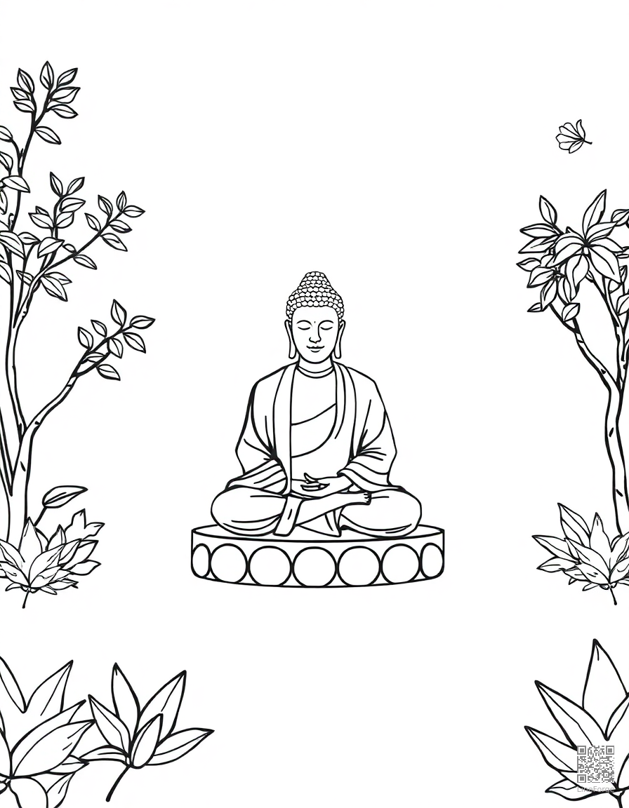 meditation garden with buddha statue coloring page Minimal style - free printable