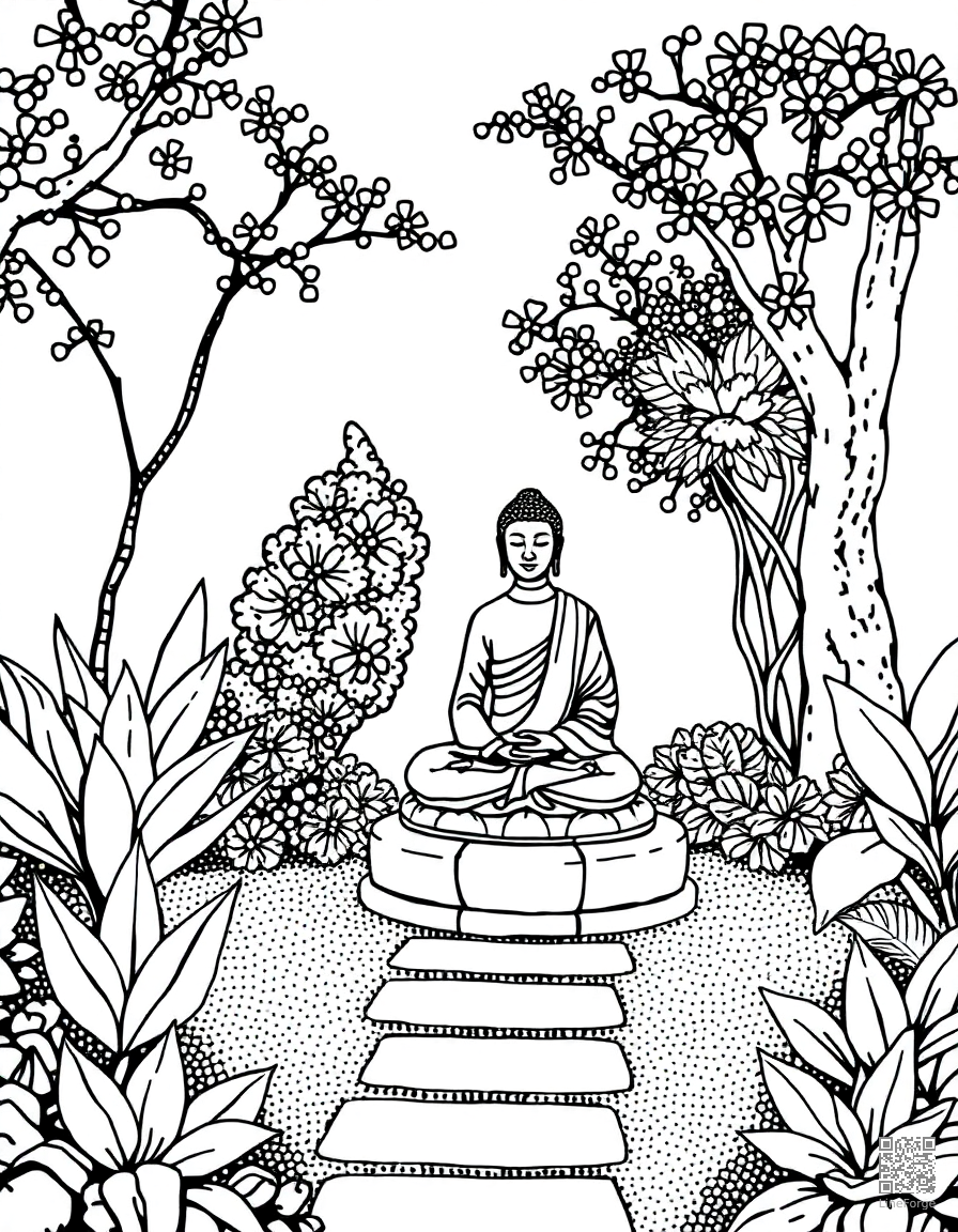 meditation garden with buddha statue coloring page Stipple style - free printable