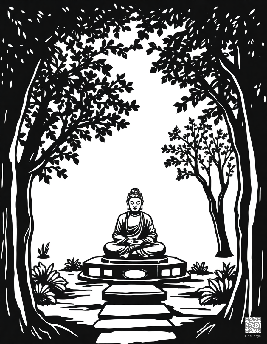 meditation garden with buddha statue coloring page Woodcut style - free printable