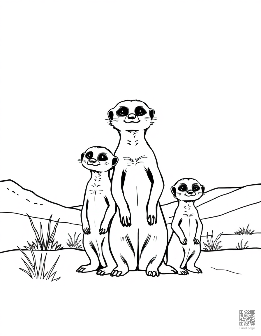 Free meerkat family standing guard in the desert coloring page in contour style — printable line art