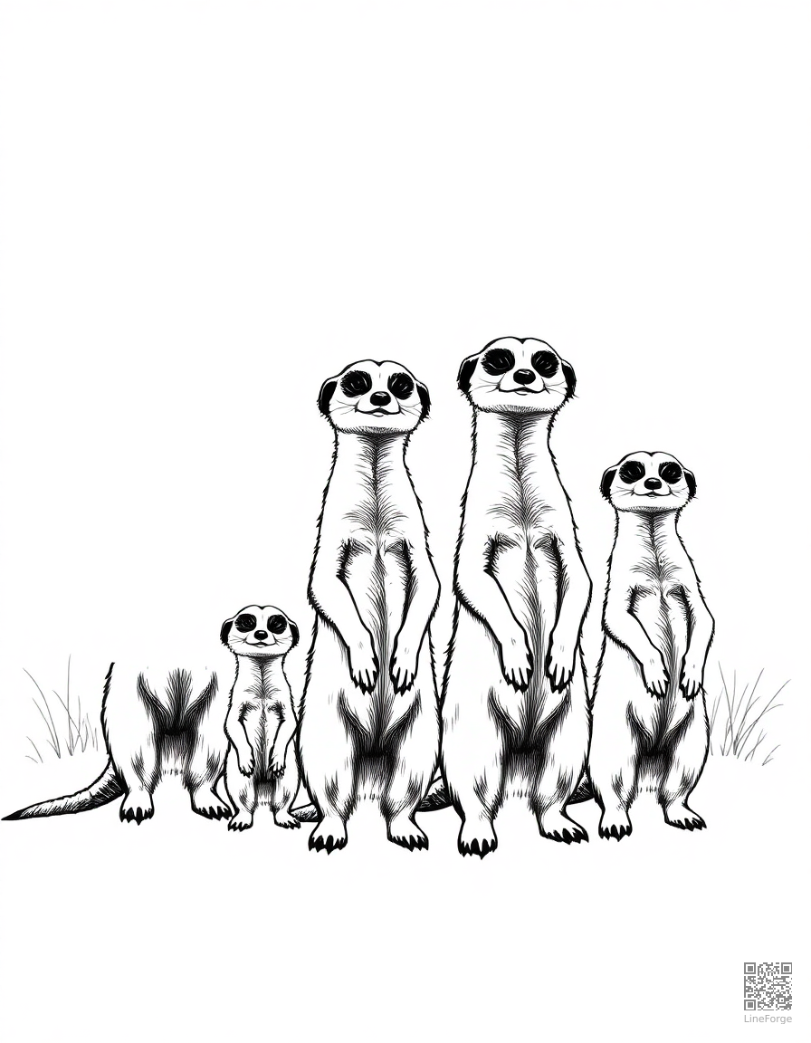 Free meerkat family standing guard in the desert coloring page in crosshatch style — printable line art