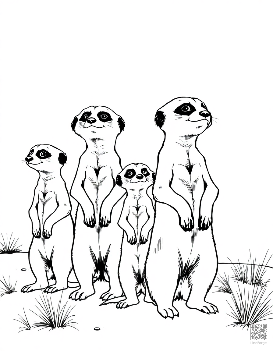 Free meerkat family standing guard in the desert coloring page in manga style — printable line art