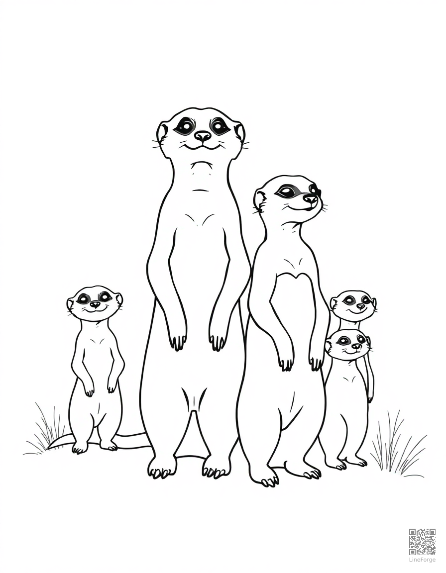 Free meerkat family standing guard in the desert coloring page in minimal style — printable line art