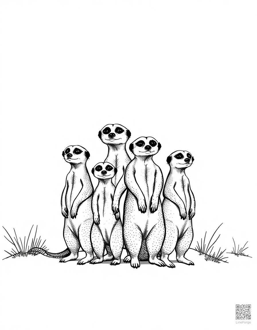 Free meerkat family standing guard in the desert coloring page in stipple style — printable line art