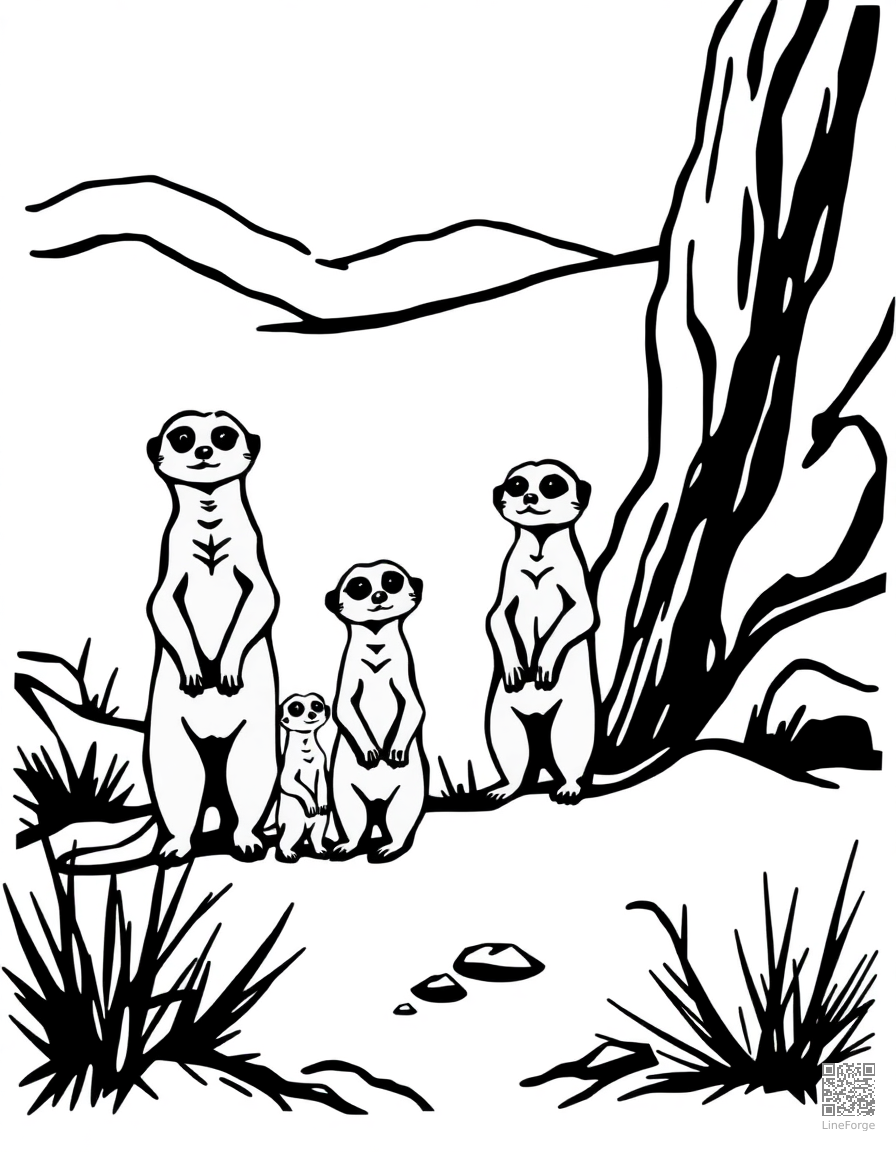 Free meerkat family standing guard in the desert coloring page in woodcut style — printable line art