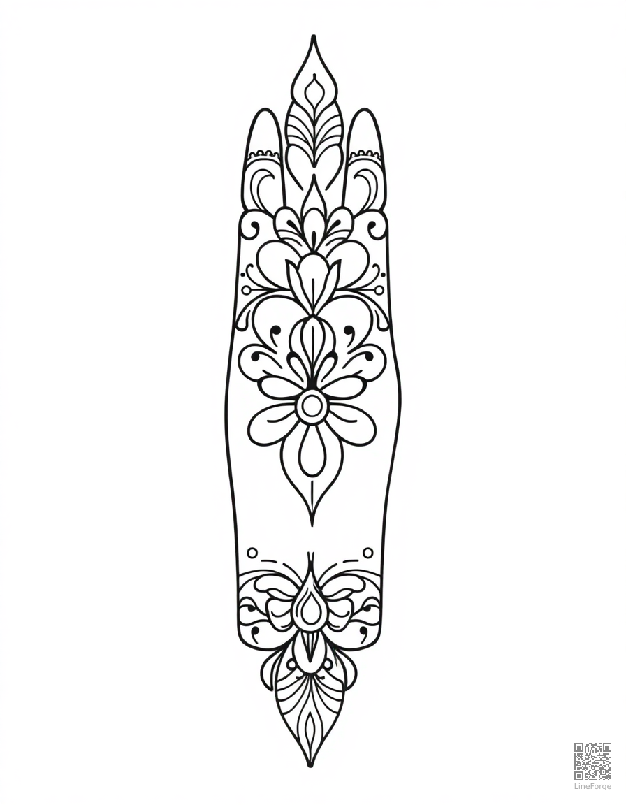 Free mehndi bridal hand design coloring page in contour style — printable line art