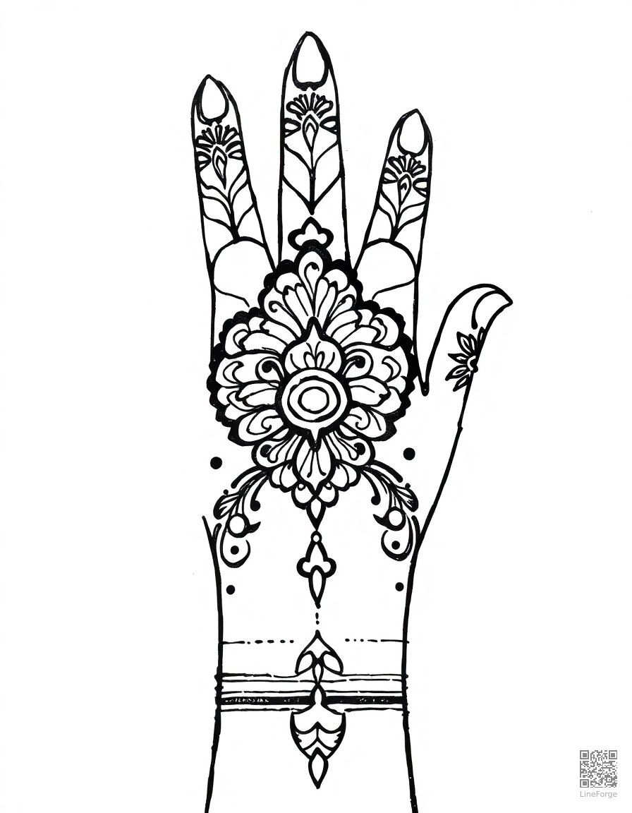 mehndi bridal hand design coloring page Crosshatch style free printable