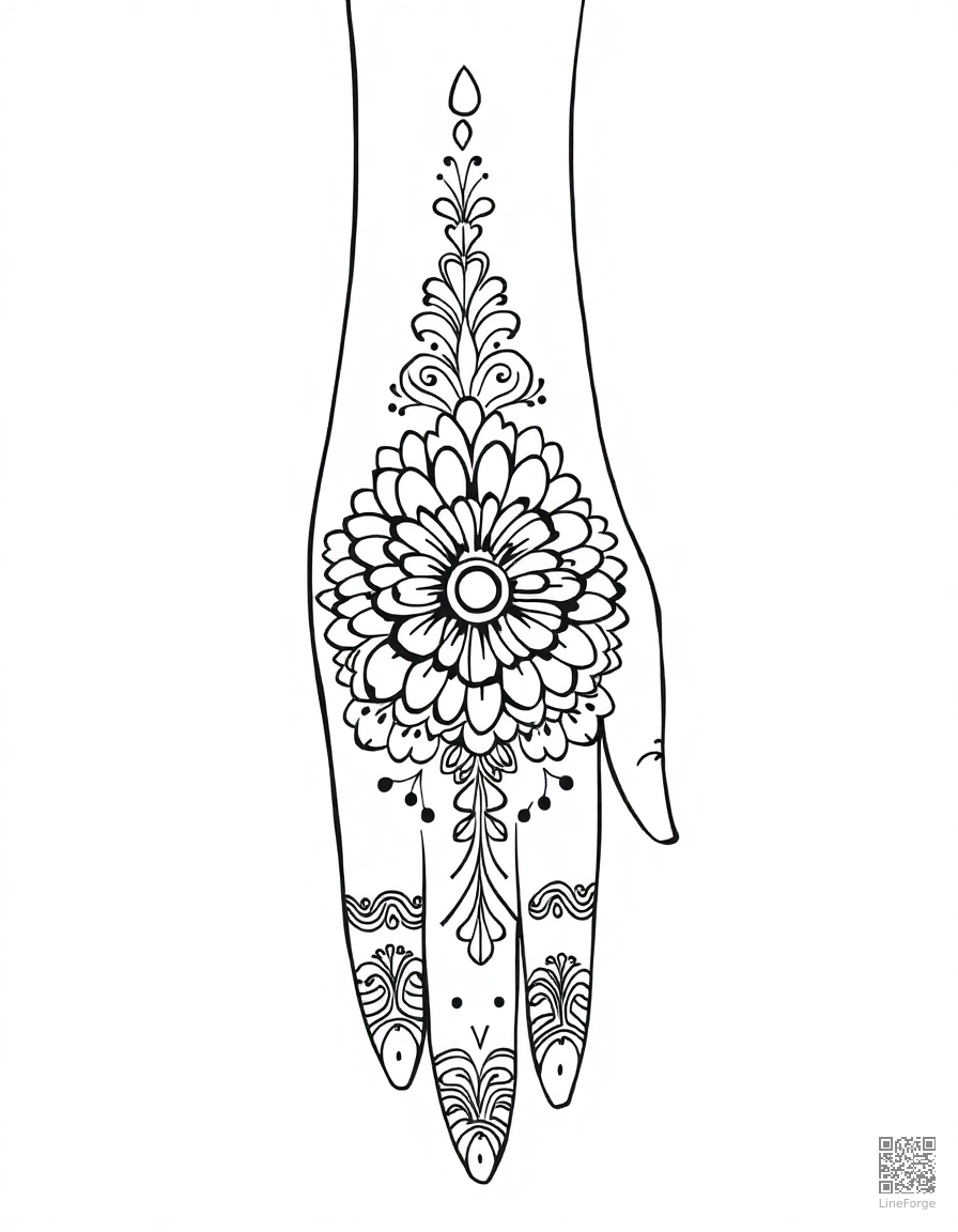 Free mehndi bridal hand design coloring page in manga style — printable line art